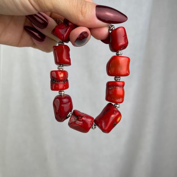 Vintage Y2K Chunky Natural Red Coral Bracelet Silver Tone Chain Pearl Adjustable - Picture 10 of 16